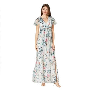 Adrianna Papell Printed Floral V Neck Gown Flutter Sleeves Size 10 MSRP $249